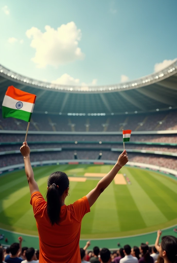 Create a stadium cricket match is going on indian women are shouting for indian cricket team wih indian flags in hands