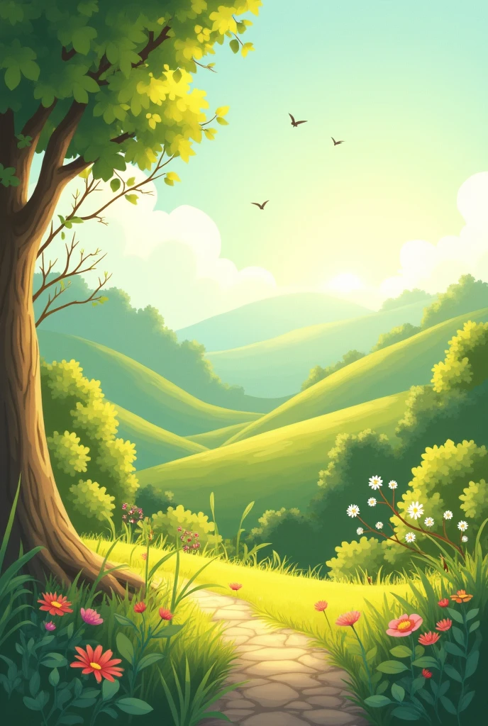 The cartoon focuses on natural views, warm atmosphere, earth tone colors, no animals.