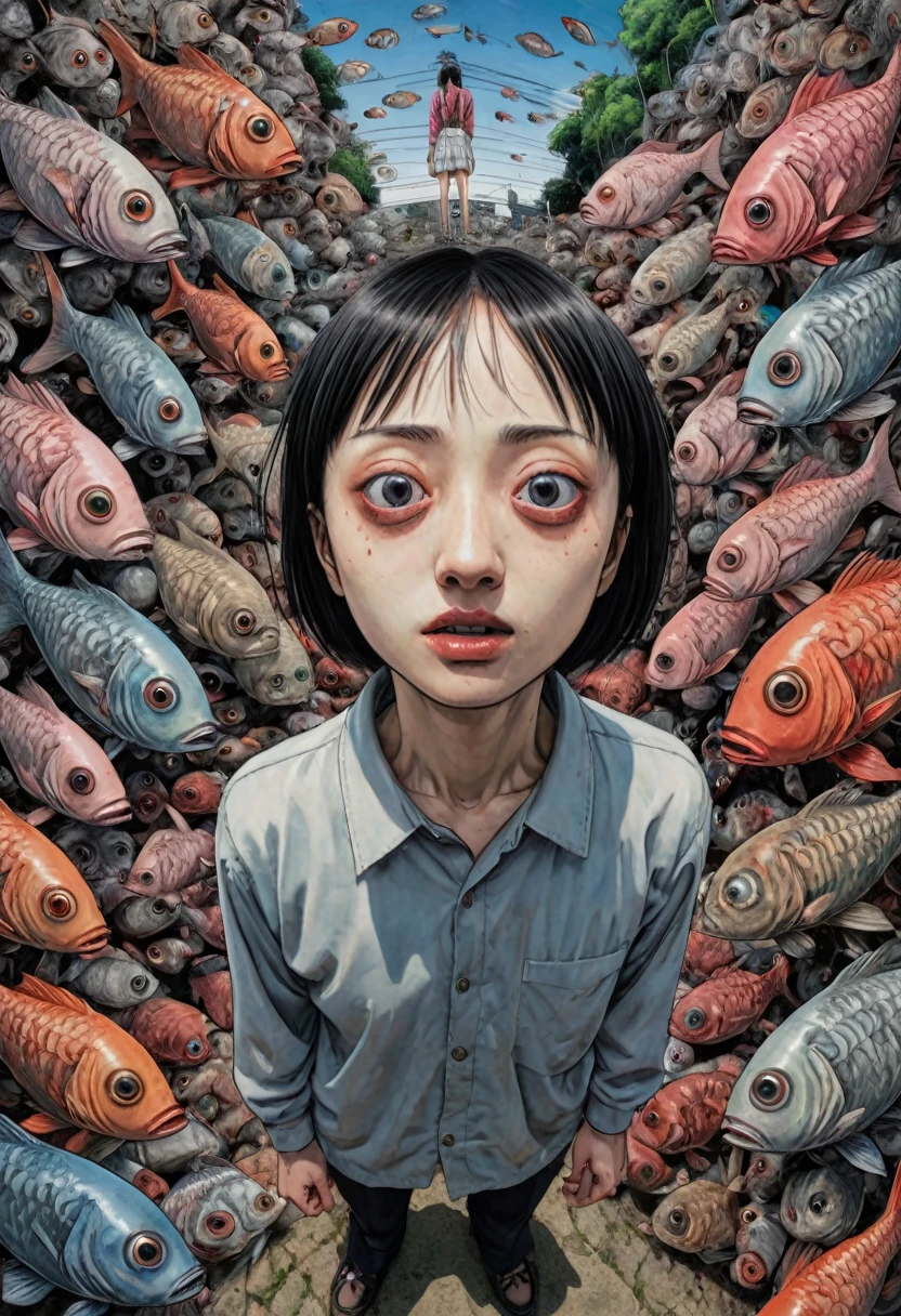 by Junji Ito, best quality, masterpiece, 8k, fisheye perspective