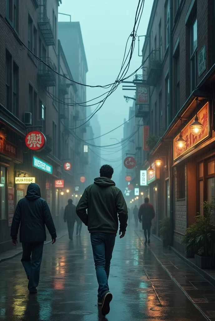 A 25 years old man with a hoodie and slim jeans, running in a narrow street, in a city surrounded by fog and heavy rain, in the evening, with red bricks buildings, many old shops and cheap restaurants, many people walking around.