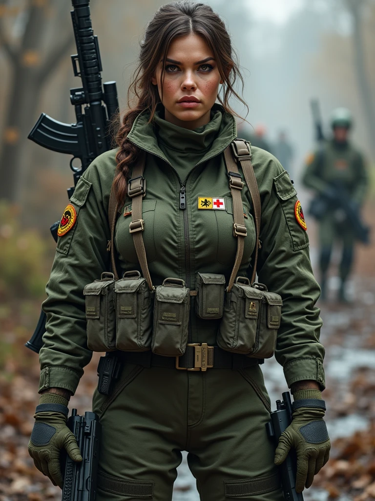 very sexy woman,very big breasts, dressed in German tactical military uniform, holding war weapons, hyper realism, high quality, full details