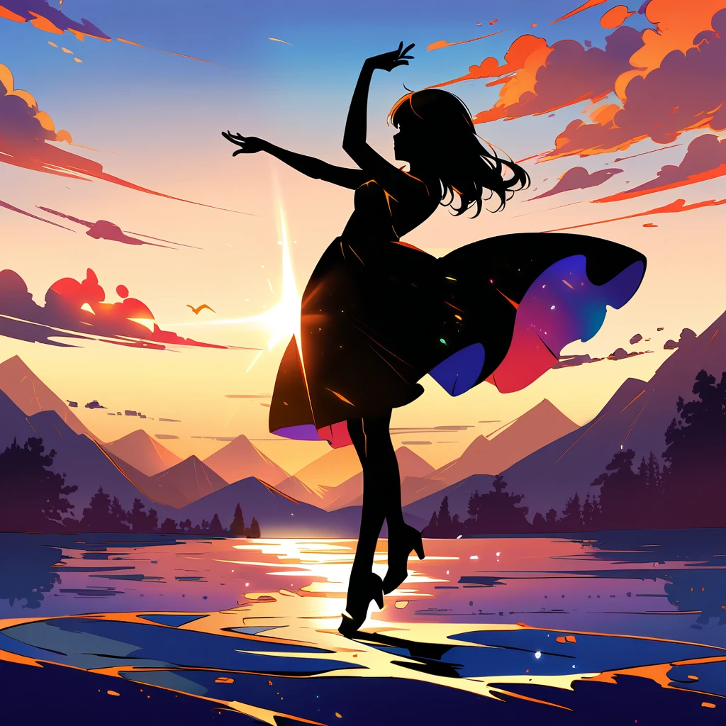 A girl (((dancing))), ((( very very very exerciting ))). Create a beautiful silhouette art against a stunning sunset background. The image should enhance the beauty of the girl's pose,Happy expression with girl,and showing the intricate details of her body. Art should be a masterpiece, Expose the best quality,1.2x improvement. The girl should be the sole focus of the picture, Capturing her elegance and grace. Multiple exposures can be combined to add depth and complexity to your composition. The overall scene should evoke a sense of unity,and represents professional and official artistic works. The end result should be a colorful picture.、High resolution 8k wallpaper in sharp focus, Show the beauty of this masterpiece.