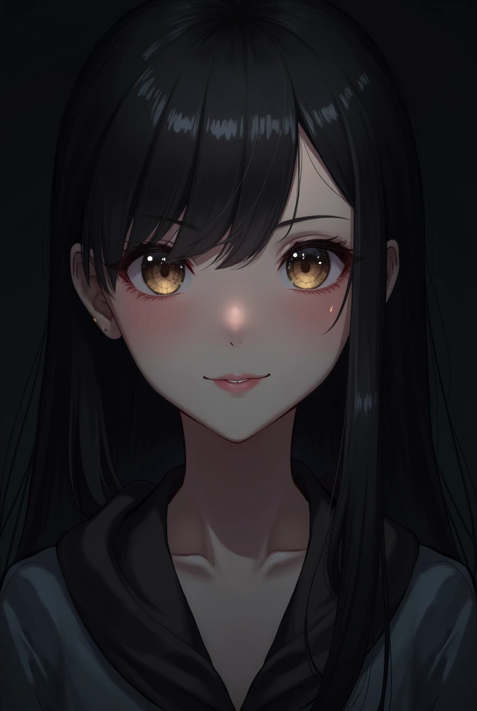 (Ultra Realistic), (Illustration), (Increased Resolution), (8K), (Extremely Detailed), (Best Illustration), (Beautiful and Detailed Eyes), (Best Quality), (Ultra Detailed), (Masterpiece ), ( wallpaper), (detailed face), solo, 1 girl, looking at viewer, fine details, detailed face, in the dark, deep shadows, low key, pureerosfaceace_v1, smiling, long hair, black shawl straight hair , 46 points oblique bangs