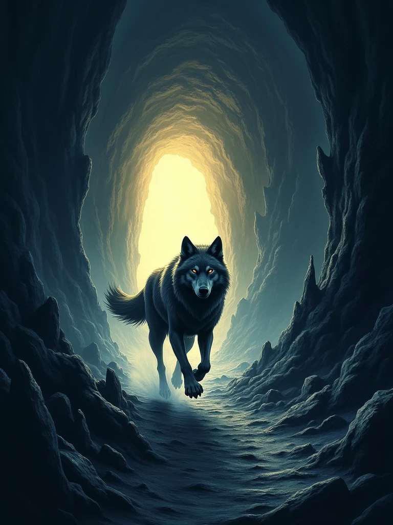 A dark cave with a glowing tunnel at the far end, illuminated by a soft, warm light. In the foreground, a wolf is depicted mid-sprint, with dynamic motion lines showing its speed. The cave walls are rugged, with jagged rocks and stalactites, but the focus is on the wolf rushing towards the light. The text 'Modo Caverna' is displayed in a bold, sturdy font, while 'Express' is written in a sleek, italicized style, both slightly glowing as if reflecting the tunnel's light. The overall atmosphere combines the mystery of the cave with the energy and urgency of the wolf's motion.