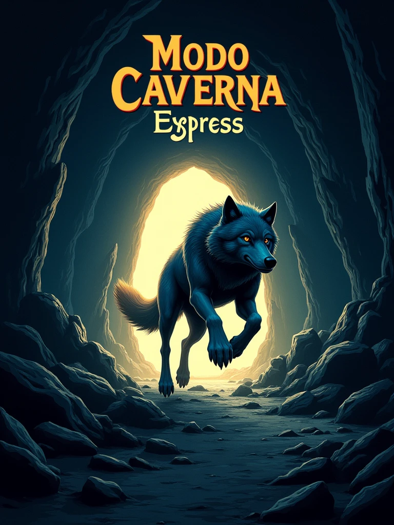 A dark cave with a glowing tunnel at the far end, illuminated by a soft, warm light. In the foreground, a wolf is depicted mid-sprint, with dynamic motion lines showing its speed. The cave walls are rugged, with jagged rocks and stalactites, but the focus is on the wolf rushing towards the light. The text 'Modo Caverna' is displayed in a bold, sturdy font, while 'Express' is written in a sleek, italicized style, both slightly glowing as if reflecting the tunnel's light. The overall atmosphere combines the mystery of the cave with the energy and urgency of the wolf's motion.