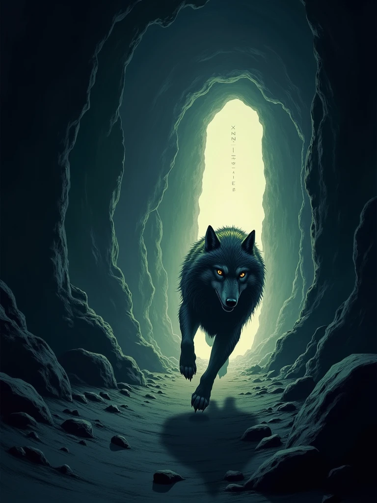 A dark cave with a glowing tunnel at the far end, illuminated by a soft, warm light. In the foreground, a wolf is depicted mid-sprint, with dynamic motion lines showing its speed. The cave walls are rugged, with jagged rocks and stalactites, but the focus is on the wolf rushing towards the light. The text 'Modo Caverna' is displayed in a bold, sturdy font, while 'Express' is written in a sleek, italicized style, both slightly glowing as if reflecting the tunnel's light. The overall atmosphere combines the mystery of the cave with the energy and urgency of the wolf's motion.