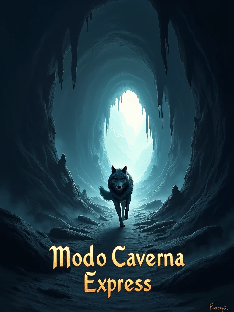 A dark cave with a glowing tunnel at the far end, illuminated by a soft, warm light. In the foreground, a wolf is depicted mid-sprint, with dynamic motion lines showing its speed. The cave walls are rugged, with jagged rocks and stalactites, but the focus is on the wolf rushing towards the light. The text 'Modo Caverna' is displayed in a bold, sturdy font, while 'Express' is written in a sleek, italicized style, both slightly glowing as if reflecting the tunnel's light. The overall atmosphere combines the mystery of the cave with the energy and urgency of the wolf's motion.
