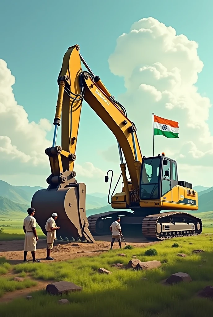 The boom of the excavator is on top and in the background of our excavator farmers are working and the Indian flag is fluttering on top of the boom and my Instagram ID is on the lead of the excavator (Sahbazz071)