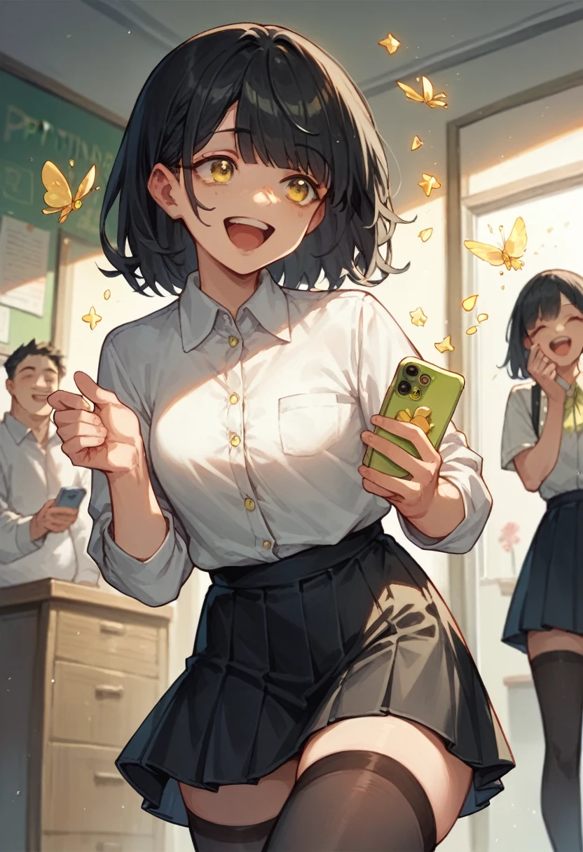 a one woman , white  shirt ,blackstockings. (((big straight black hair))), ((( sprinting ))), (((yellow  eyes))), laughing facial expression, class room,(((Black Skirt))) holding cell phone, fly away