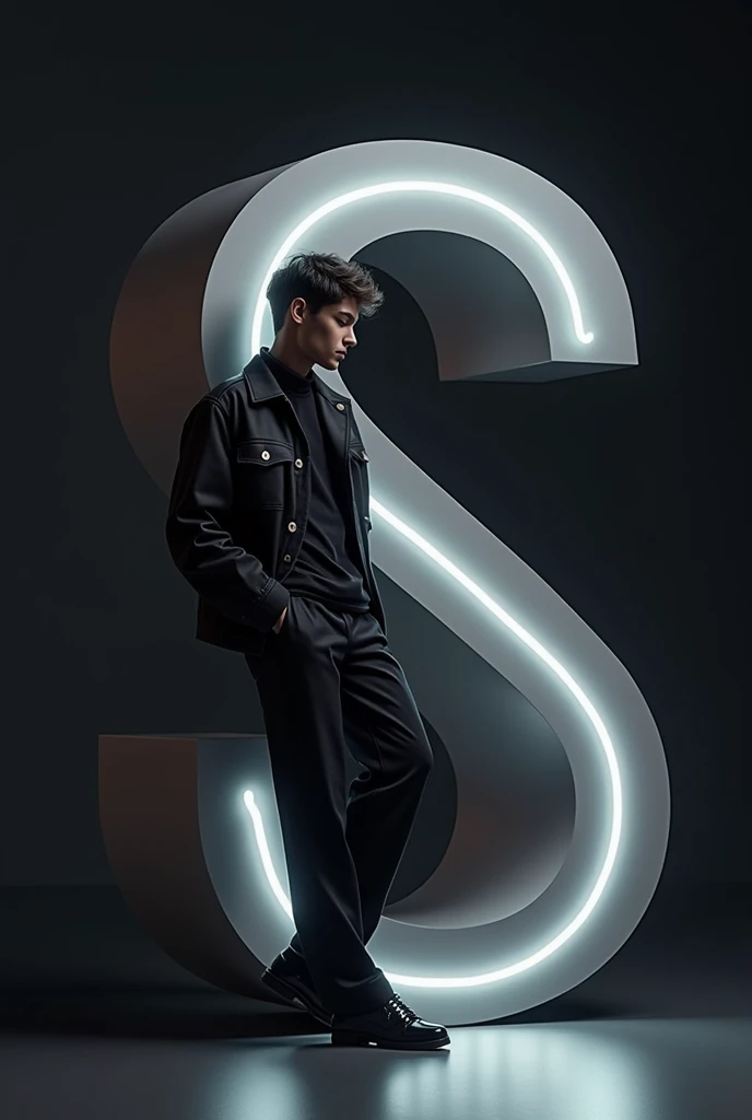 Create an image featuring a large, glossy, “S” 3D letter in the foreground with a boy leaning casually against it. The person should be dressed in stylish, monochromatic clothing and have a confident pose. The background should be a dark gradient to keep the focus on the letter and the person. Ensure that the lighting gives a soft glow to the edges of the 3D letter and casts subtle shadows to add depth to the overall composition.