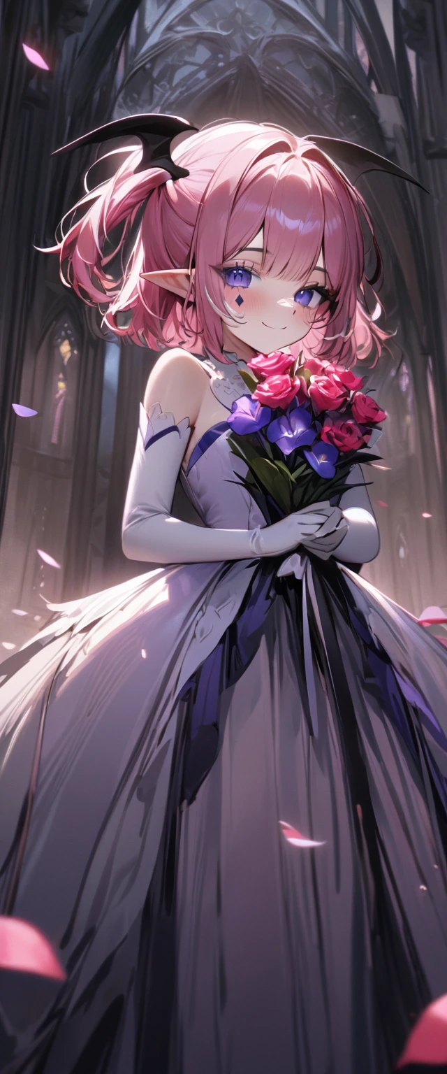 UHD, masterpiece, best quality, extremely detailed, anatomically correct, sharp focus, Midnight, gloomy atmosphere, Church, altar isle, 1girl, solo, camilavtuber, pink hair, short hair, shoulder length hair, fly-away hair, (Black head wings:1.5), (twin ponytail), PURPLE EYES, PURPLEIRIS, (facial mark), smiling, ballgown wedding dress, white arm sleeves, slim arms, white gloves, holding red bouquet of flowers, small chest, single devil wing, single wing, slim legs, white lace stockings, (white high heels), (full body) , (close-up), innocent pose, eye-level shot, front view, innocent pose, scattered pink petals