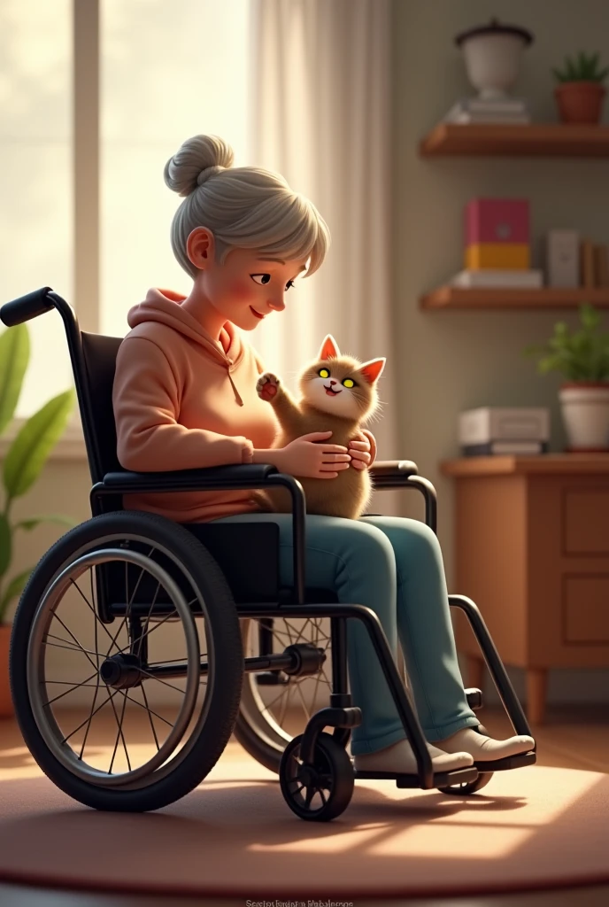 A person in a wheelchair playing with his cat