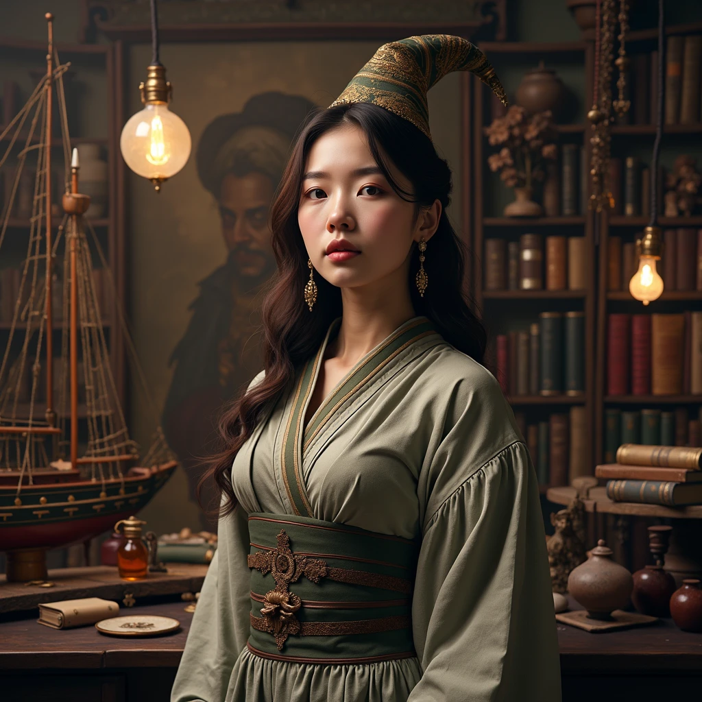 A young Asian witch wearing a witch robe mixed with gray and green kimono and a pointy witch hat, she is in a room with potions and books, IPA Awards, work of art, (((intricate ship, Lomonosov art, wide angle lens f/2.8, Insane ultra high resolution intricate textures, texture indentation, perfect perspective, ultra perfect geometry, ultra insane ambient lighting, ultra insane ambient shadows, ultra luminism, Global illumination, ultra detailed busy background, natta, tessellation, maximalism, perfectionism, IPA Award wining work of art, insane details)))