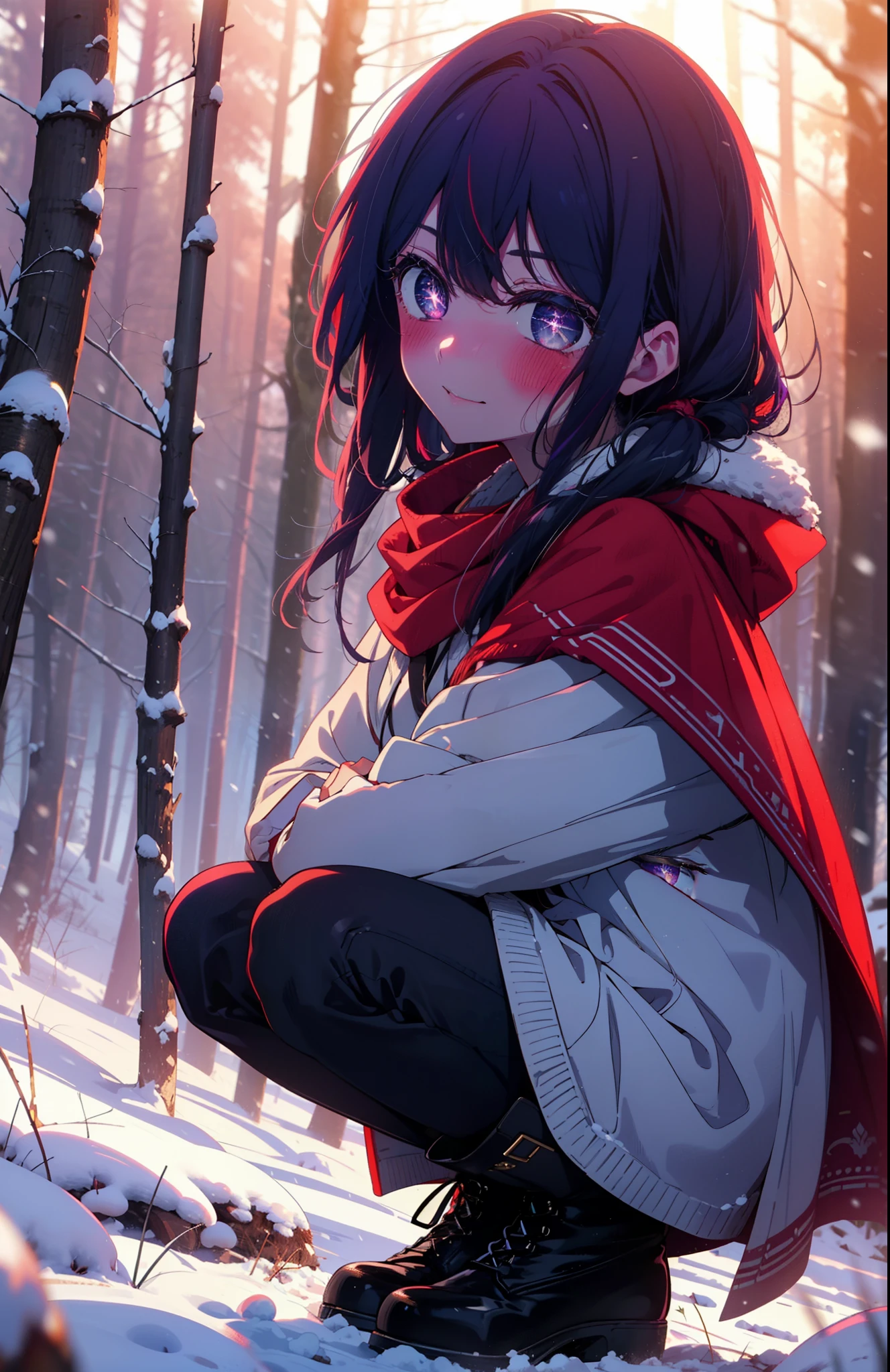 aihoshino, Ai Hoshino, Long Hair, bangs, (Purple eyes:1.1), Purple Hair, (Symbol-shaped pupil:1.5), smile,,smile,blush,white breath,
Open your mouth,snow,Ground bonfire, Outdoor, boots, snowing, From the side, wood, suitcase, Cape, Blurred, , forest, White handbag, nature,  Squat, Mouth closed, Cape, winter, Written boundary depth, Black shoes, red Cape break looking at viewer, Upper Body, whole body, break Outdoor, forest, nature, break (masterpiece:1.2), Highest quality, High resolution, unity 8k wallpaper, (shape:0.8), (Beautiful and beautiful eyes:1.6), Highly detailed face, Perfect lighting, Extremely detailed CG, (Perfect hands, Perfect Anatomy),