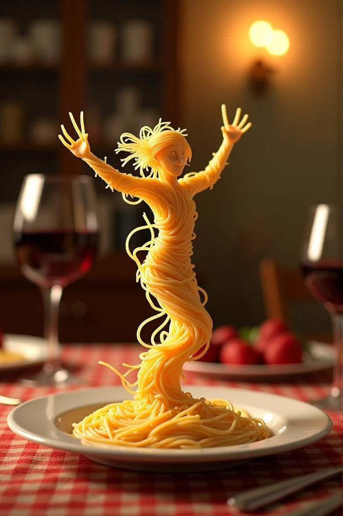 Create a whimsical and artistic scene featuring a single human-like figure made entirely of spaghetti. This figure should appear to be dancing gracefully on a plate. The background should depict a cozy kitchen setting with warm, ambient lighting, creating a romantic and intimate atmosphere. Include elements such as a glass of red wine and a beautifully set table to enhance the mood