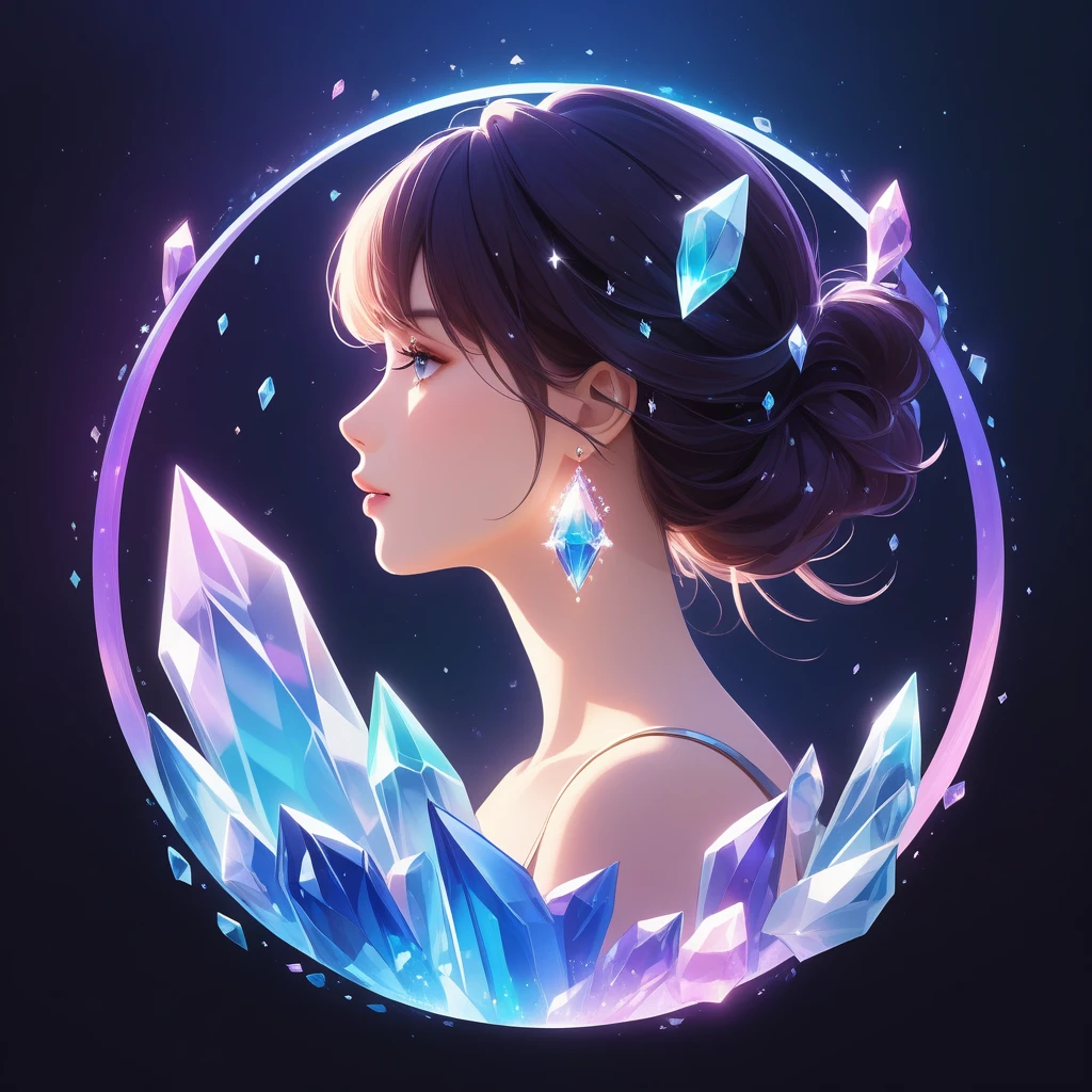 simple, cool, symbol logo, facial profile, 8k, a girl, crystals floating in a circle