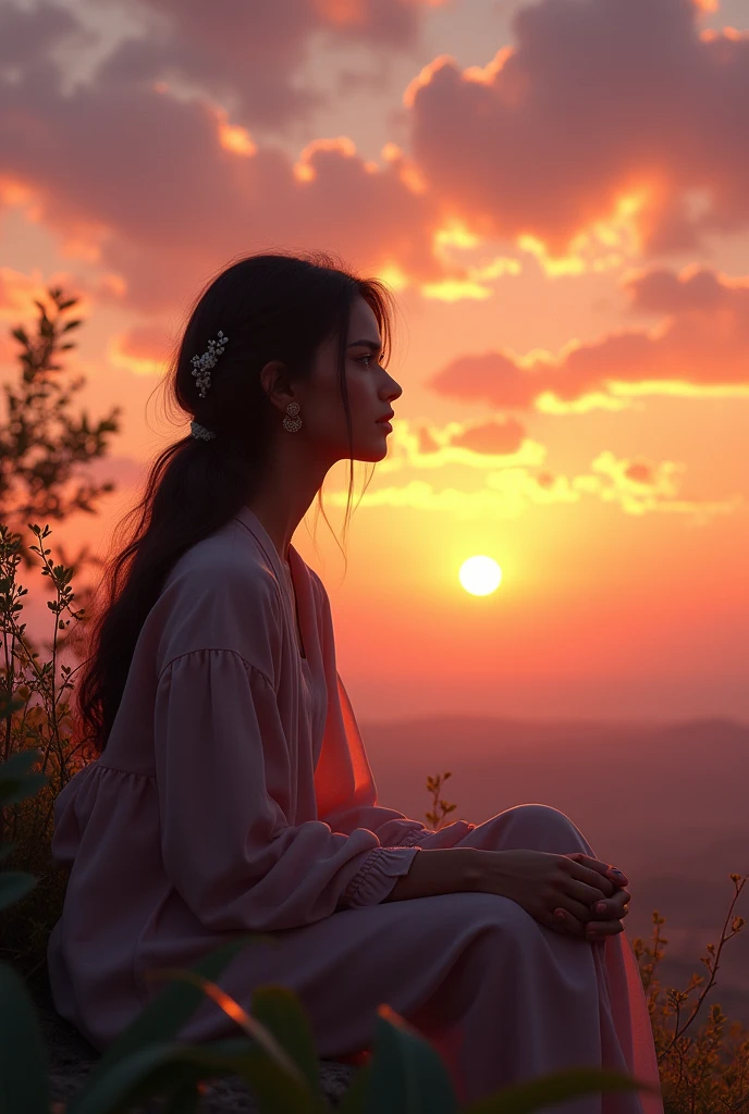 I'll try to describe the scene for you:
A 21-year-old Pakistani girl with a fair complexion and sits alone, watching the sunrise. She has a Roman nose and a serene expression on her face. The sky behind her is a warm blend of orange, pink, and purple hues, with the sun peeking through the clouds. She's surrounded by a peaceful atmosphere, with a few trees or flowers in the background. Show more sky picture should be landscape make her nose a long