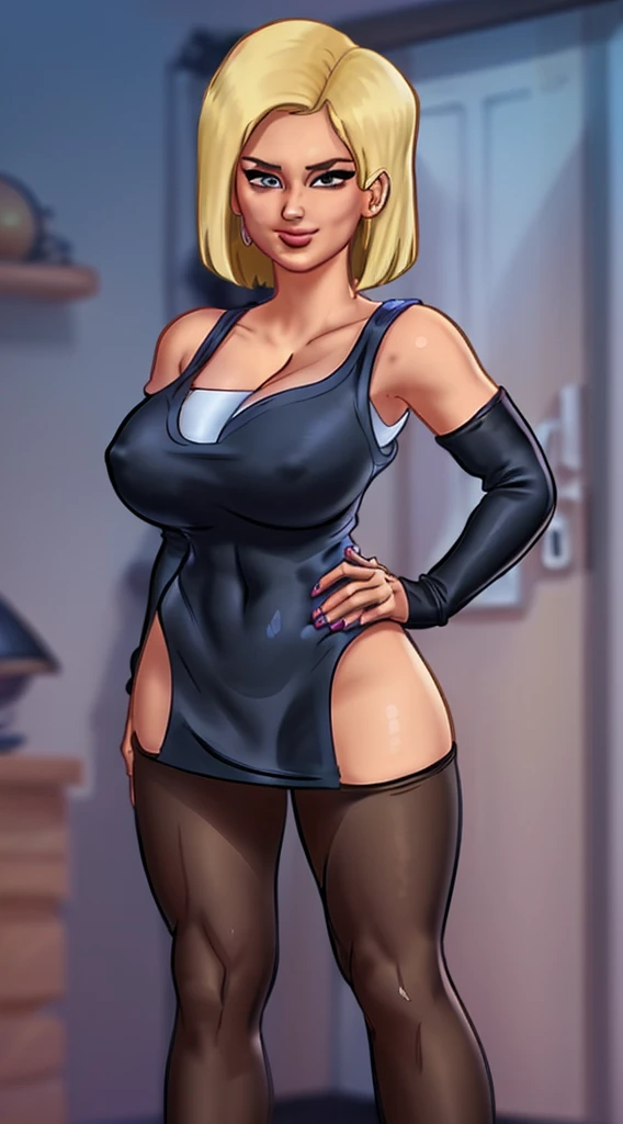 (((android 18))), (high-detailed face:1.4), work of art, best qualityer, cowboy shot, 1 girl, standing alone, saiyan armors, armors, Black Skirt, don, bracelet, black pantyhose, perneiras, booties, bedroom background, Inside the house, night time, ssmile, glad, (Breasts huge), Broad Hips, curved, Waist slender, looking ahead at viewer, bared shoulders, hair blonde, medium hair, whole body