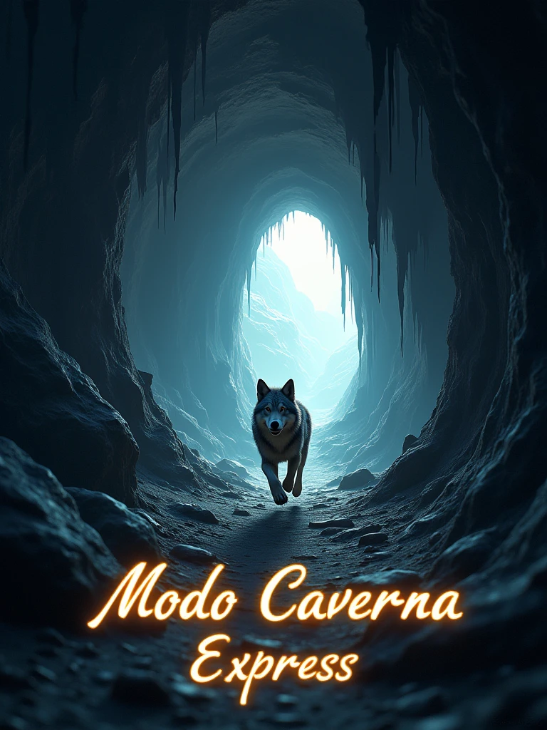 A dark cave with a glowing tunnel at the far end, illuminated by a soft, warm light. In the foreground, a wolf is depicted mid-sprint, with dynamic motion lines showing its speed. The cave walls are rugged, with jagged rocks and stalactites, but the focus is on the wolf rushing towards the light. The text 'Modo Caverna' is displayed in a bold, sturdy font, while 'Express' is written in a sleek, italicized style, both slightly glowing as if reflecting the tunnel's light. The overall atmosphere combines the mystery of the cave with the energy and urgency of the wolf's motion.