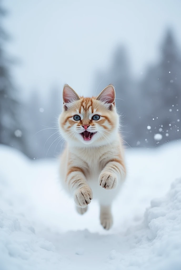 Cute snow cat, Jumping off an avalanche
