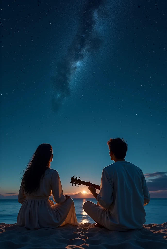 Sitting on the beach at night on the continent of Lemuria, gazing at the stars、Couple of men and women in ancient clothes。The man is playing the guitar。