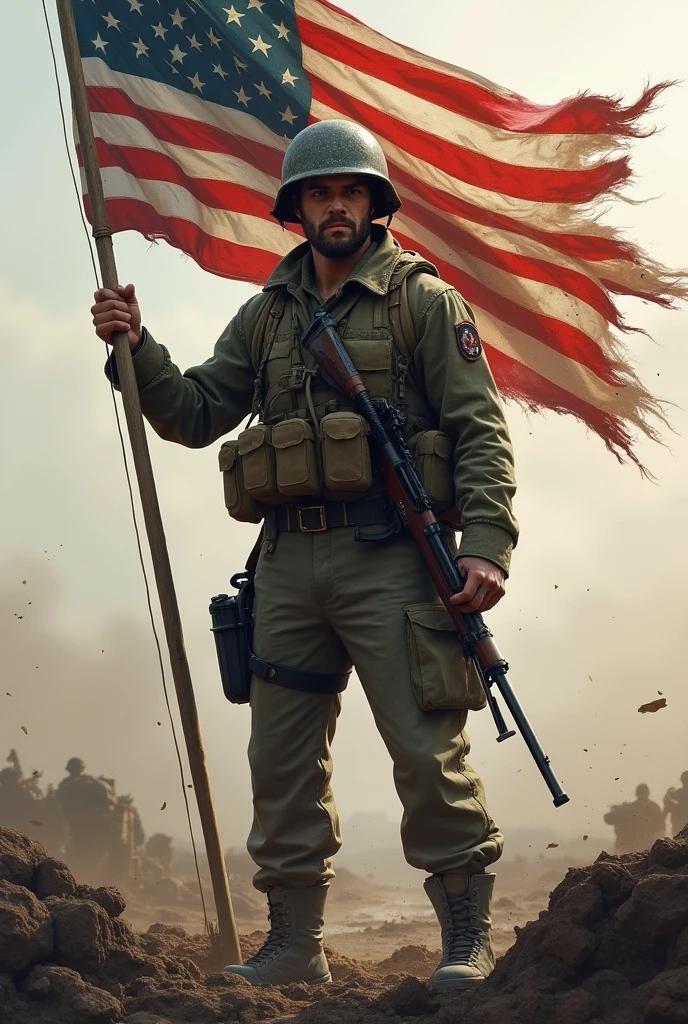 A soldier standing holding his gun in one hand a flag in other hand