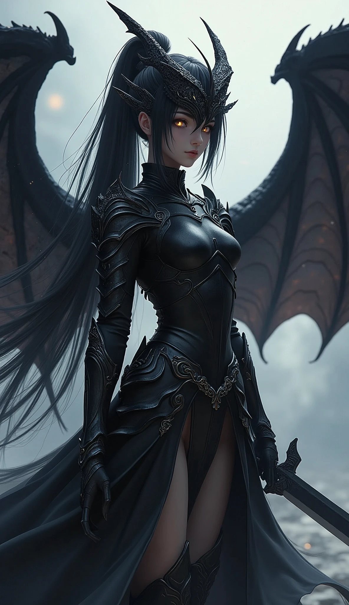 Anime Girl,Pitch-black armor,dragon shaped helmet,He holds a huge two-handed sword with a dragon carved on it.,whole body,Panoramic lens,The folded devil wings wrap themselves,Glowing eyes,Unbelievably long hair,High Ponytail,From below,from the side,Looking at the audience,Motion Blur,Background blur,
