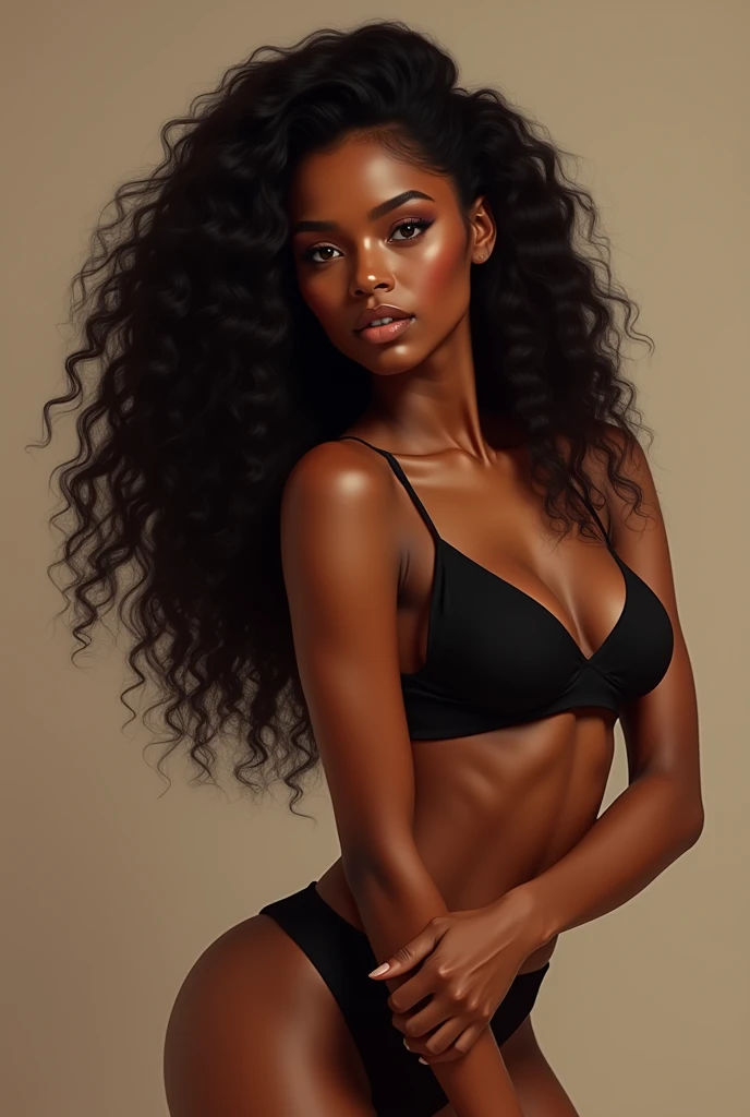 there is a black woman , the woman has, she has dark skin, with dark brownish skin, with long curly, long black loose moisturised curly hair she is flexible