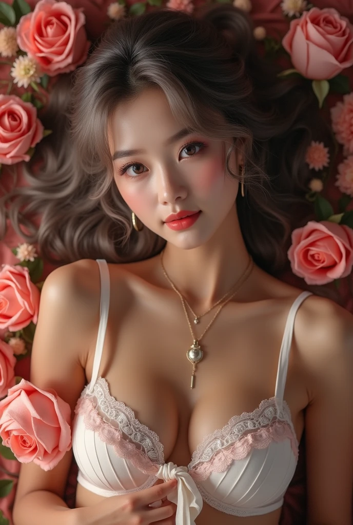 (8K, RAW Photos, of the highest quality, Masterpieces: 1.2、Raw photo)、Portraits, high resolution RAW color photos, Professional Photos、Super Resolution, 8K Picture Wallpaper,(Realistic, Real Photos: 1.3), 1 persons、super detailed, muito　Detailed and beautiful, Highly detailed, Amazing details、Cute beautiful woman with perfect body: 1.4、Slim big: 1.2、Full body image, Amazing details、Cute beautiful woman with perfect body: 1.4、Slim big: 1.2、shinny skin、Glossy lips、High-definition face and skin texture、A detailed eye、double eyelid、Highly detailedな、((The skin is shiny:1.2))、((Dark gray hair color、Ahair、Curled Hair)), ((Breast H Cup:1.2, very large breast:1.2、Too large breasts:1.2、Bursting breasts:1.2))、(((ample breasts:1.3)))、(((The skin is shiny:1.3)))、(High Definition Breast、happy facial expression), ((Big necklace))、(((Ribbon Lingerie:1.4)))、((Hold the gift with both hands:1.4)), (((Dressed naked with ribbons:1.2)))、(((Wrapping a ribbon around the body:1.4)))、(((Hide breasts with ribbons:1.4)))、((White tights:1.1))、((full body Esbian、Angle from directly above:1.1)), ((Beds made of flowers:1.3))、((There are presents around her))、((Lying on my back on countless flowers:1.3)),  ((mysterious background))