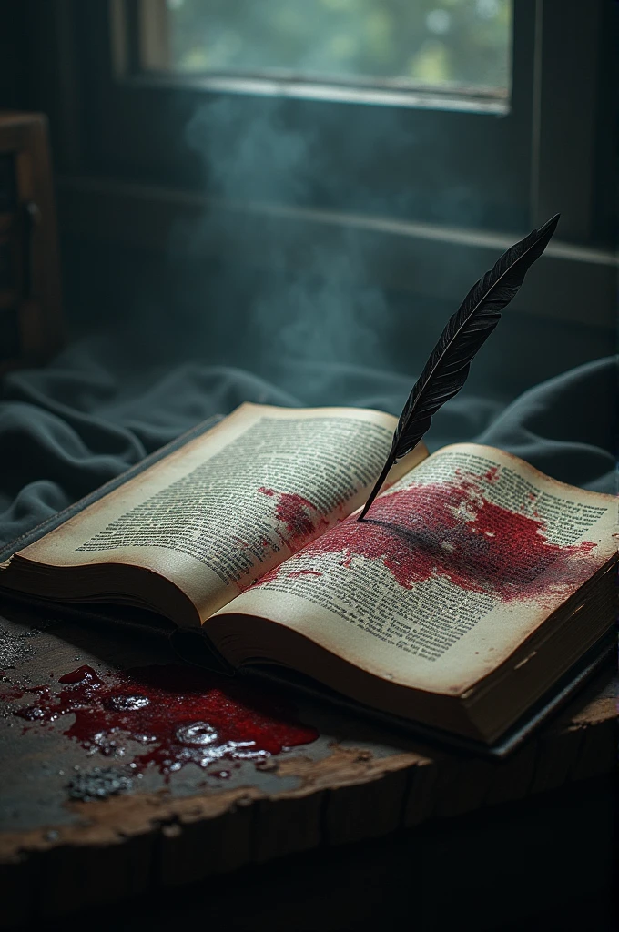 Scary picture of a scripture, blood and a quill.