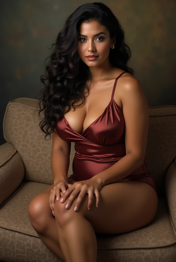 Indian mylf with curly hair and big breasts sits with her legs stretched out, taking a realistic photo