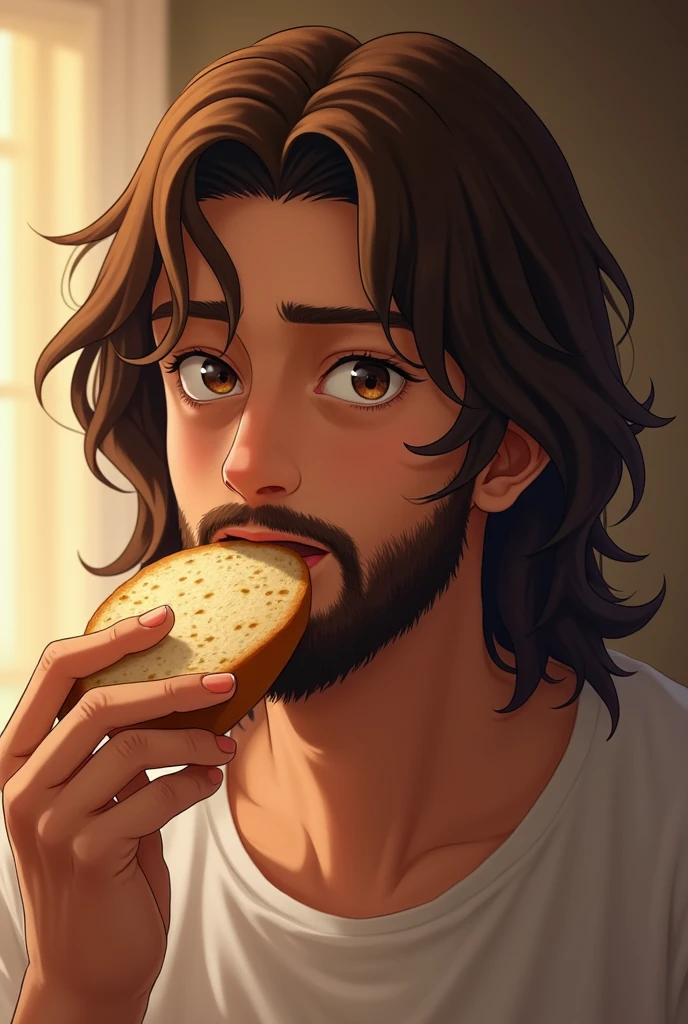 (Highest quality,4K,8k,High resolution,masterpiece:1.2),Very detailed,(Realistic,photoRealistic,photo-Realistic:1.37),1 person,30 years old,Japanese anime style men,very handsome,Jesus Christ,Eating bread with relish,Brown Hair,Wave Long,Brown eyes,A soft gaze,A perfect face without a doubt,Relaxed posture,Background of Israel before 2000,Cinema Lighting,HDR image,