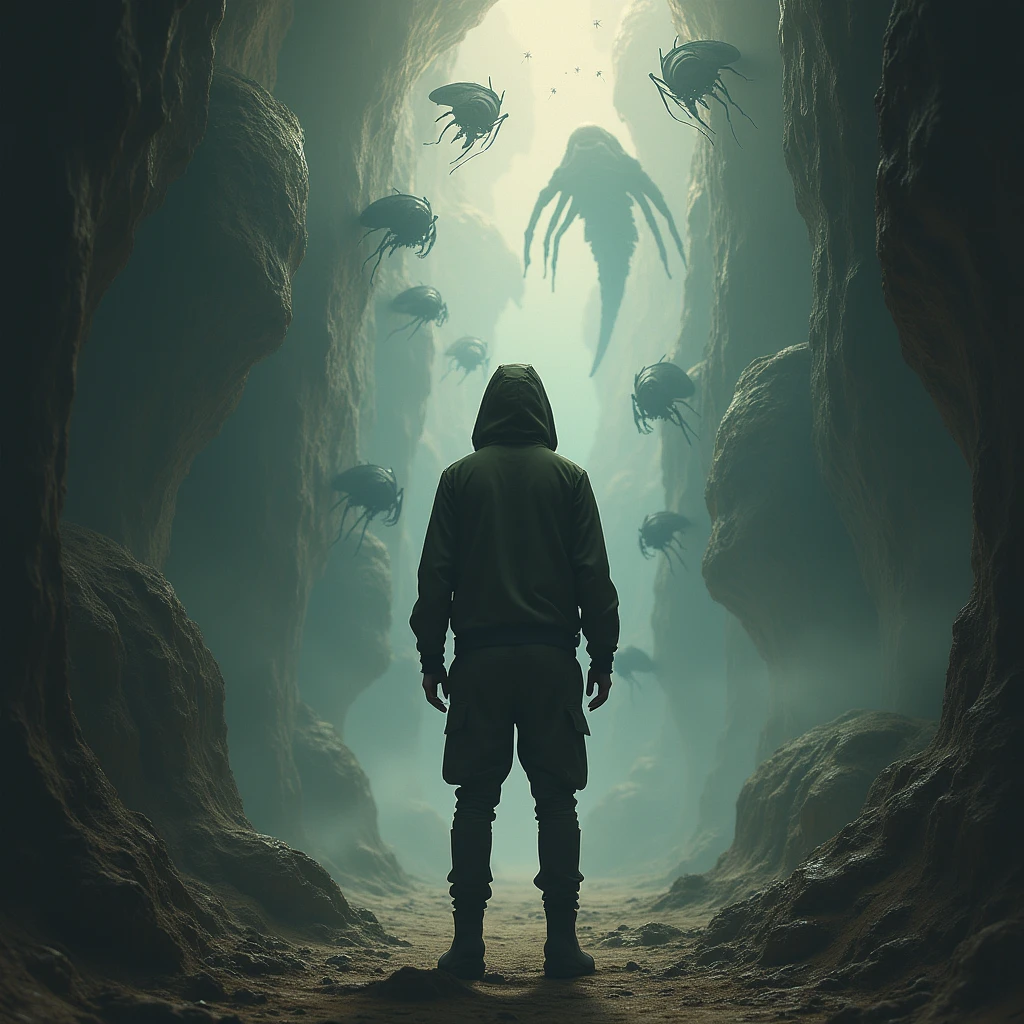 Explorateur de la peur, des phobies humaines, all kinds of phobias present in front of the character, which represents fear. La peur ou les phobies doivent être près du personnage. The character is seen from behind 