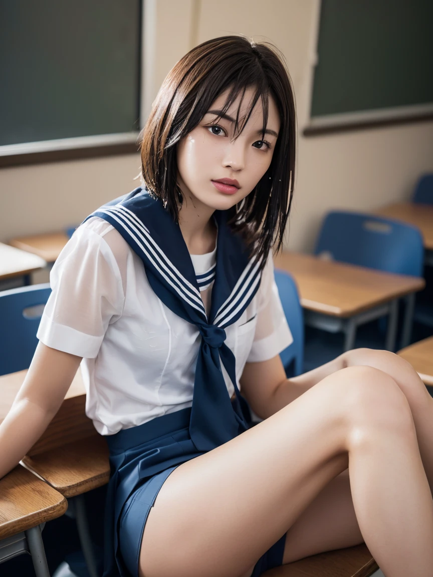 (masterpiece:1.2), Very detailed, Ultra-high resolution, (Realistic, photo Realistic:1.6), High-resolution RAW color photos, Professional photos, Sharp focus:1.2, (Very detailed顔と肌の質感, Very beautiful eyes, Glossのある肌, Glowing Skin, Glowing Skin, Shining Face, Gloss, Oily skin, greasy face, Oily skin, greasy face,),, (real Glossのある肌 texture), Perfect Anatomy, Very detailed背景,(High school classroom at night),1 female,25-year-old woman, Japanese women,Height: 168cm,(short hair, Straight hair, bangs, Brown Hair),((Flat Chest:1.6)),(Slim, thin legs), ((((Short Sleeve White Sailor School Uni形状、Navy blue pleated skirt:1.5、Perfectly detailed sexy thong panties under skirt))),(sit at a desk with your knees up:1.4)、(((Wet and sheer sailor suit:1.4)))