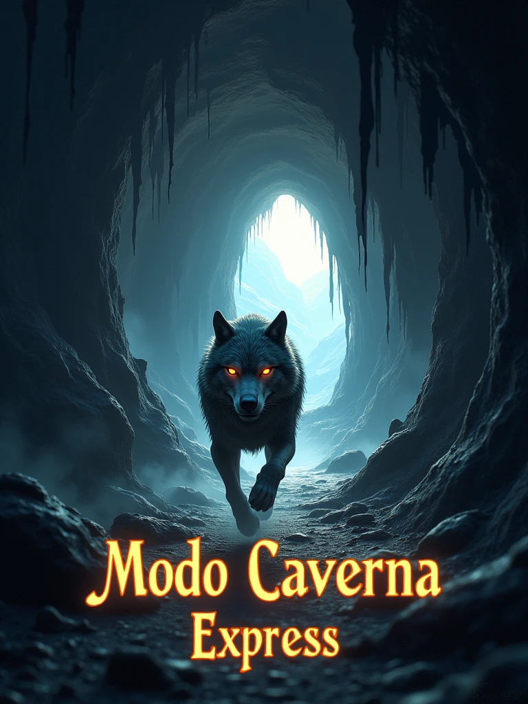 A dark cave with a glowing tunnel at the far end, illuminated by a soft, warm light. In the foreground, a wolf is depicted mid-sprint, with dynamic motion lines showing its speed. The cave walls are rugged, with jagged rocks and stalactites, but the focus is on the wolf rushing towards the light. The text 'Modo Caverna' is displayed in a bold, sturdy font, while 'Express' is written in a sleek, italicized style, both slightly glowing as if reflecting the tunnel's light. The overall atmosphere combines the mystery of the cave with the energy and urgency of the wolf's motion.
