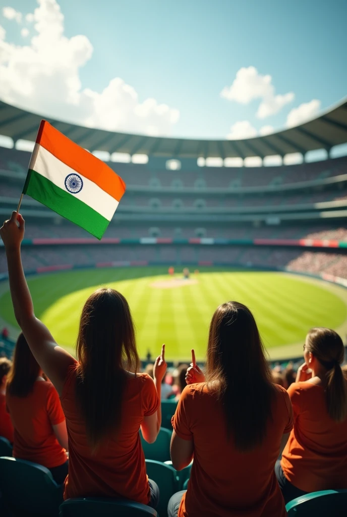 Create a stadium cricket match is going on indian women are shouting for indian cricket team wih indian flags in hands