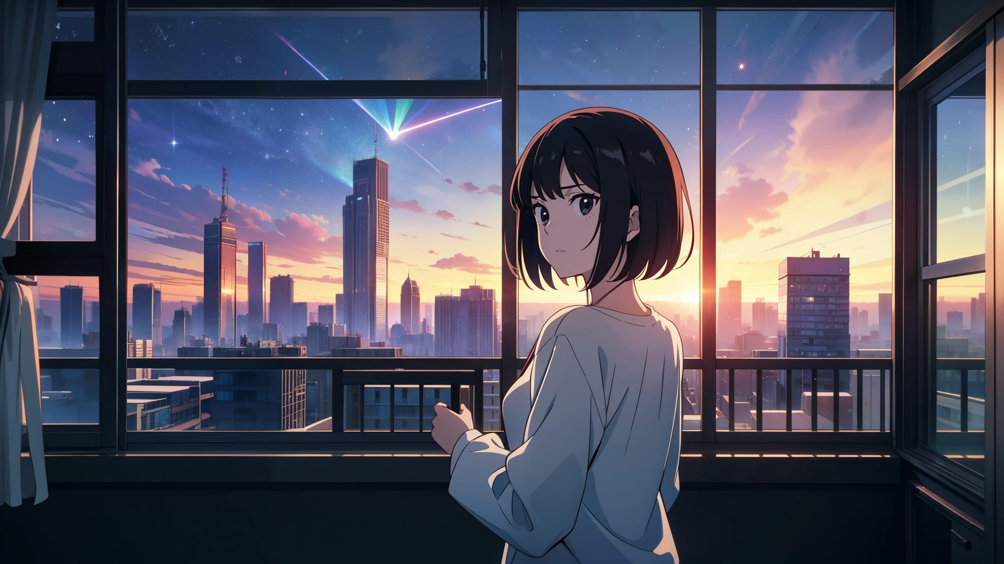 masterpiece, best quality, high quality, detailed, ultra detailed, hyper detailed, insanely detailed, exquisite, beautiful, FHD, Full-HD, 4K, 8K, 16K, highres, absurdres, skyscraper, city, a girl, intelligent, serious look, looking back, short hair, black hair, black eyes, pale skin, beauty mark, in the room, with a window, with a starry sky, with a comet, at night, beautiful, cowboy shot, long-sleeved t-shirt