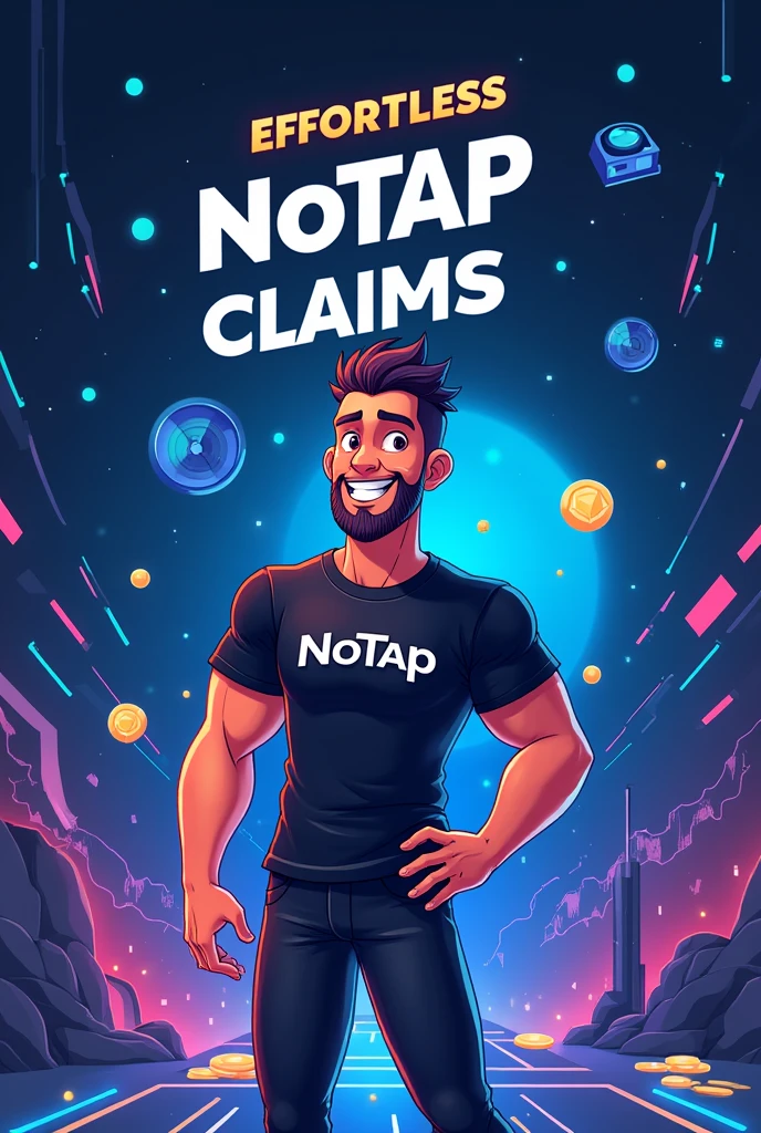 Prompt: 

Create an eye-catching graphic for NoTap featuring a futuristic and sleek design. Include the following elements:
- Main Character: A friendly, futuristic character (Tapless Tom) wearing a NoTap-branded t-shirt. The character should look confident and excited.
- Background: A modern digital theme with elements representing automation and efficiency, like smooth lines and tech motifs.
- Text Overlay: "NoTap - Effortless Crypto Claims" in bold, prominent font. Include a smaller tagline: "Skip the Tapping, Get Instant Rewards!"
- Additional Elements: Icons or visuals of tokens, a small gas fee symbol, and a call-to-action button like "Join Now!" or "Discover More!"