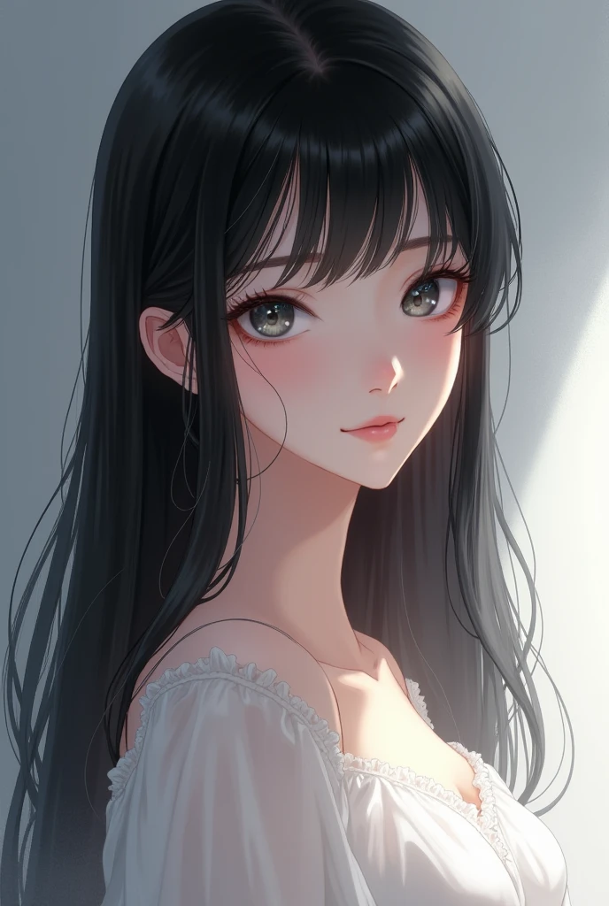 Imagine a girl with sleek, jet-black hair that falls gracefully around her shoulders. Her fair complexion has a delicate, almost luminous quality to it, accentuating her striking grey eyes that seem to reflect light with an enigmatic allure. Her features are gentle yet defined, giving her a look of both youth and sophistication. She might have a warm, inviting smile that complements her overall appearance, radiating a sense of charm and grace.