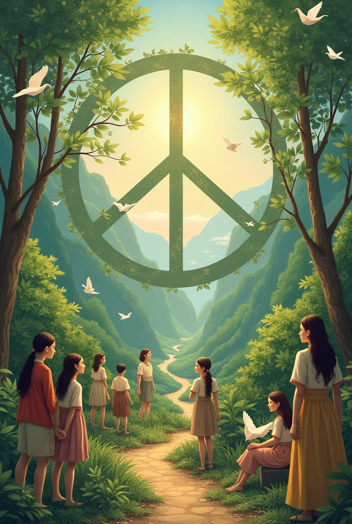 Coexistence of people, technology, animals and plants world peace peace sign Pigeons Olive leaves Origami Crane Paint a picture with paint