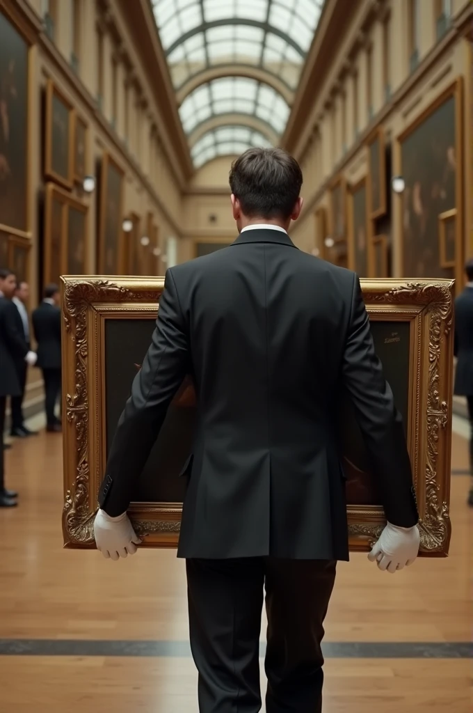 White gloves、Transporting high-end paintings、Museum Director、male、40 years old、Black suit、Scenery inside the Louvre