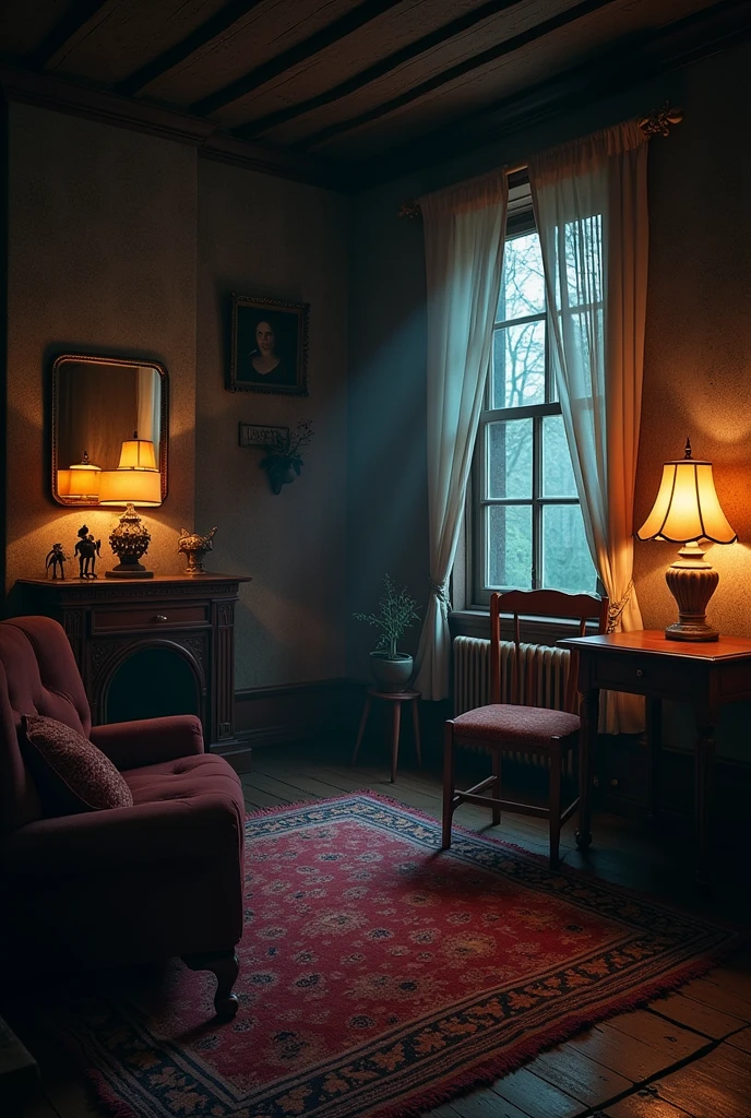 8k, 超High resolution, High resolution, Cinematic, Cinematic image, Intricate details, Realistic, photograph, Fantasy art style, mystery的, Inside the house、indoor,Candle、lamp、Witch's House、Immaculately cleaned rooms、night、antique、 mystery的, Fantasy elements, Exquisite and unparalleled visual effects, Tranquility, mystery, magic, masterpiece: 1.2, Super Details, realism: 1.37, High resolution, 超High resolution, Studio Lighting, Realistic, scenery, Soft lighting、Background、Lake Vivid Style, Flowing and intermingling colors. Airbrush painting.