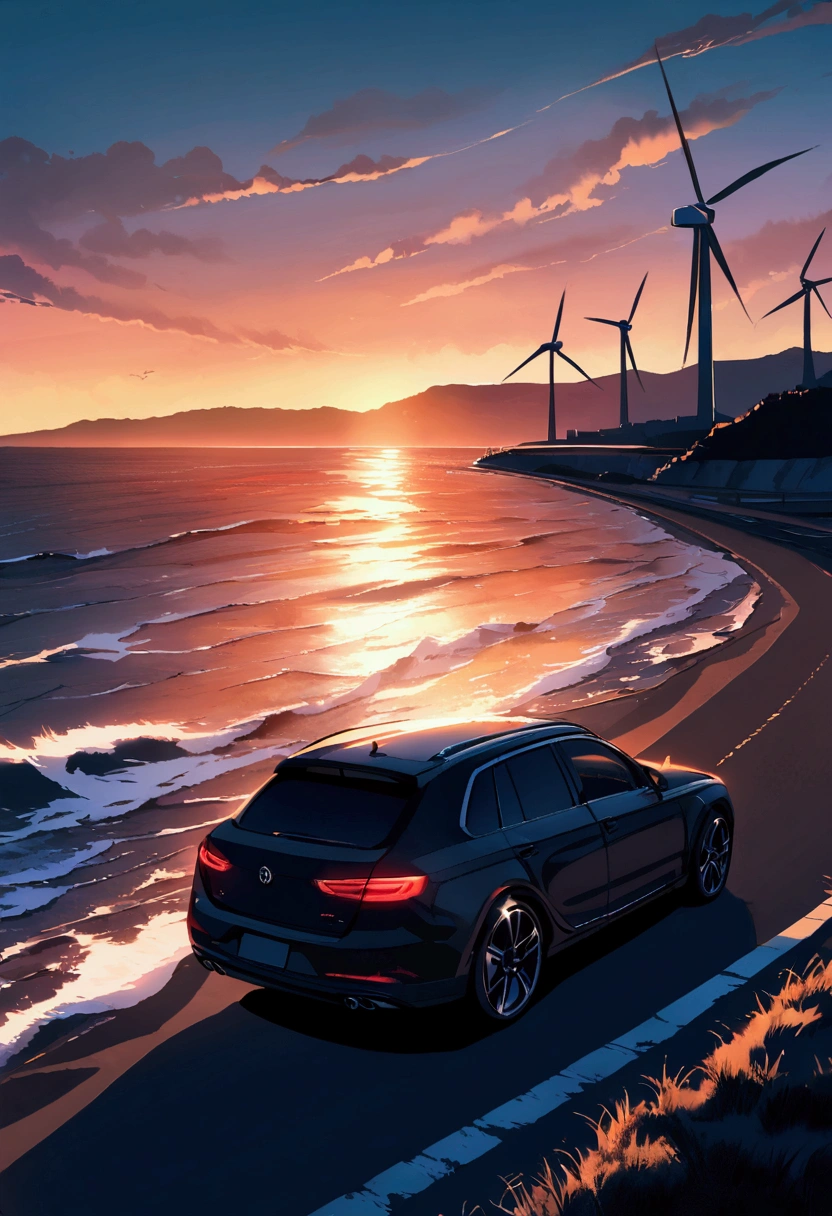 Car traveling near the sea at sunset with wind power plant