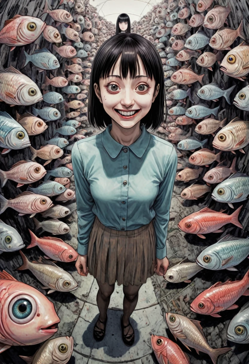by Junji Ito, best quality, masterpiece, 8k, fisheye perspective, smiling , sociopath girl