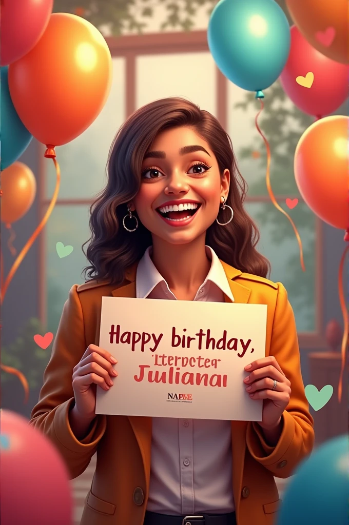 create photo of "happy birthday, interpreter Juliana" with balloons, hearts, sign in libras and the acronym NAPNE
