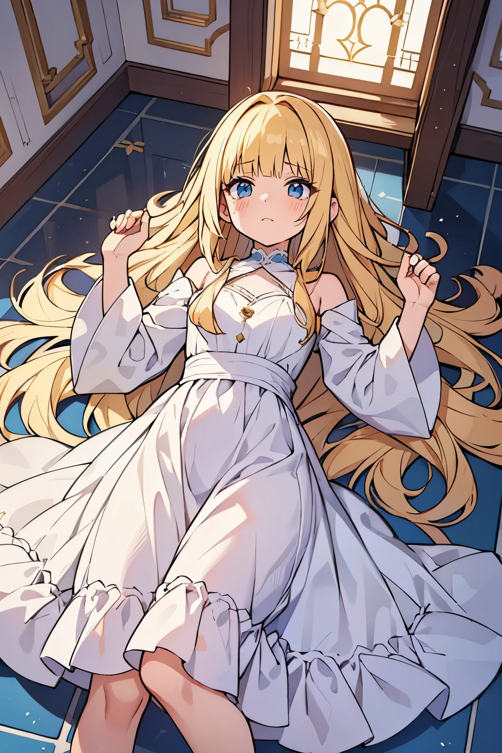 safe for work, best quality, 1 girl, female figure, yellow hair, blunt bangs, extra long hair, crystal blue eyes, indoors storange room church, marble floor, golden blonde hair, cowboy shot, voluminous hair, wavy hair, cute girl, (medium small breasts), (young female body: 1.4), white dress, long white dress, flowy dress, long sleeves, flowing dress, lying on the stone floor, lying on backside, human sacrifice, looking from above, bird eye view, crying, tears, scared expression, marble floor