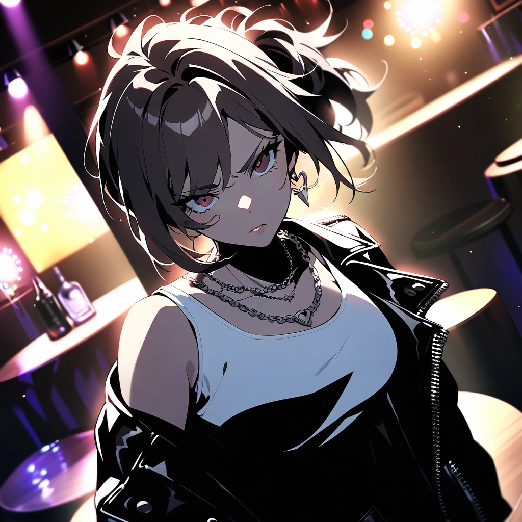 {{half body, dutch angle}} {{Artist: dev_dev(0614)}} 1girl, mature female, punk rock, messy hair, brown eyes, leather jacket, white tank top, silver necklace, indoor, bar club, standing up, concerned look, looking directly at the camera, party lights, modern