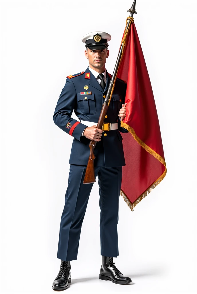 A soldier standing holding his gun in one hand a flag in other hand. Full white image.