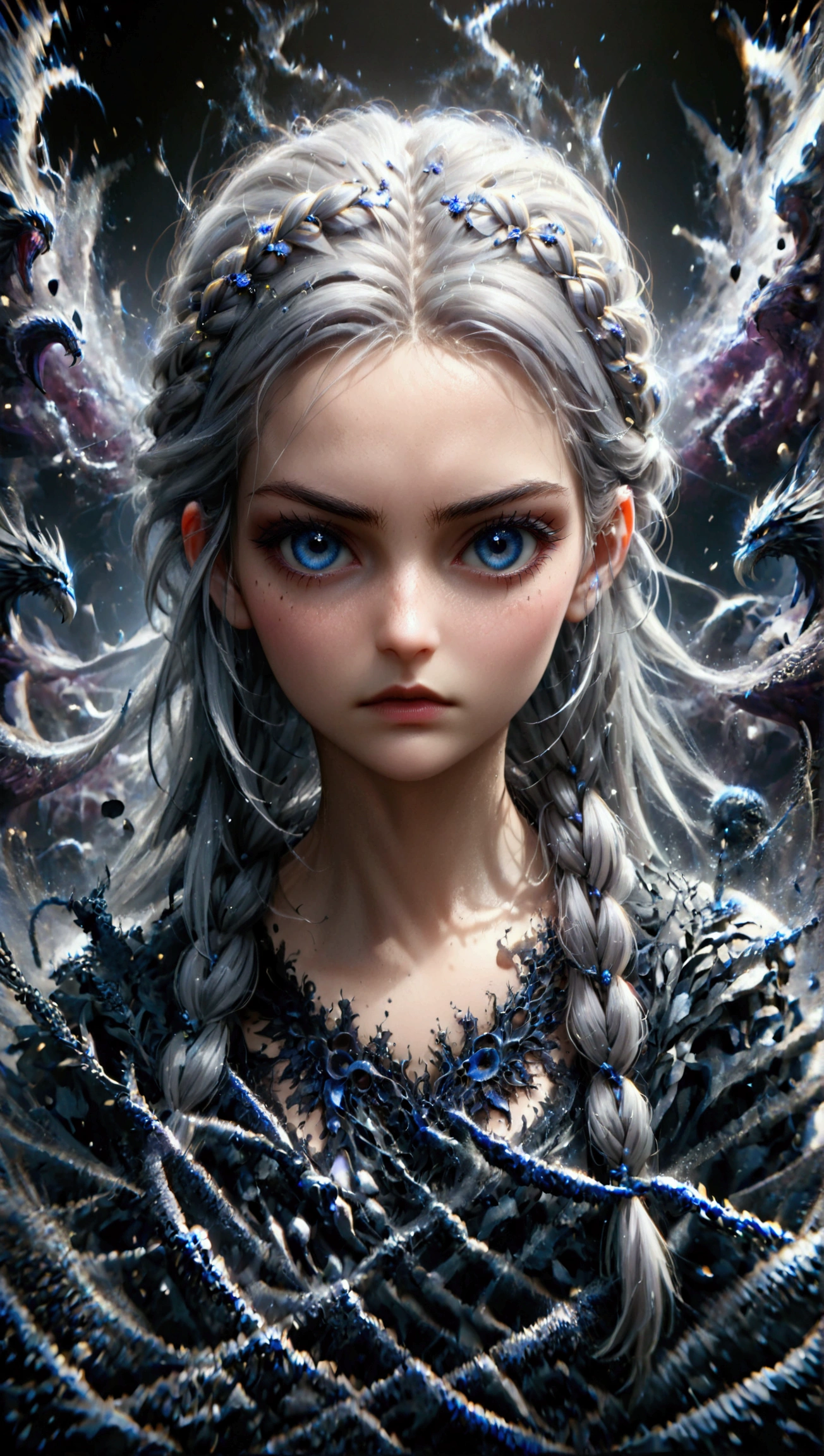 a 22 year old girl with silver braided hair, intimidating expression, dark fantasy, detailed face, beautiful detailed eyes, long eyelashes, beautiful detailed lips, high quality, intricate details, cinematic lighting, dramatic colors, photorealistic, fantasy art, digital painting, concept art, 8k, hyperrealistic, hyper detailed