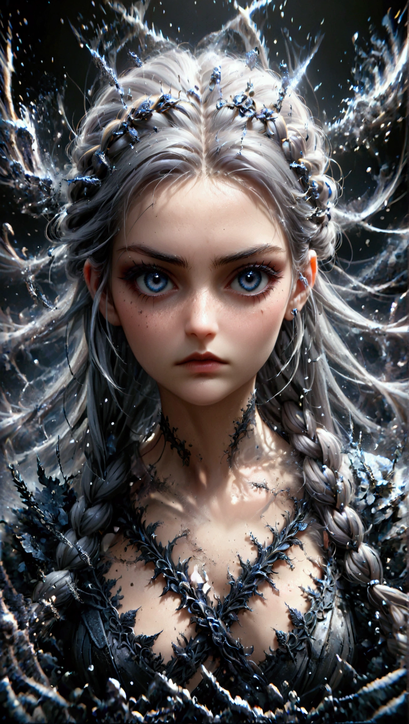a 22 year old girl with silver braided hair, intimidating expression, dark fantasy, detailed face, beautiful detailed eyes, long eyelashes, beautiful detailed lips, high quality, intricate details, cinematic lighting, dramatic colors, photorealistic, fantasy art, digital painting, concept art, 8k, hyperrealistic, hyper detailed